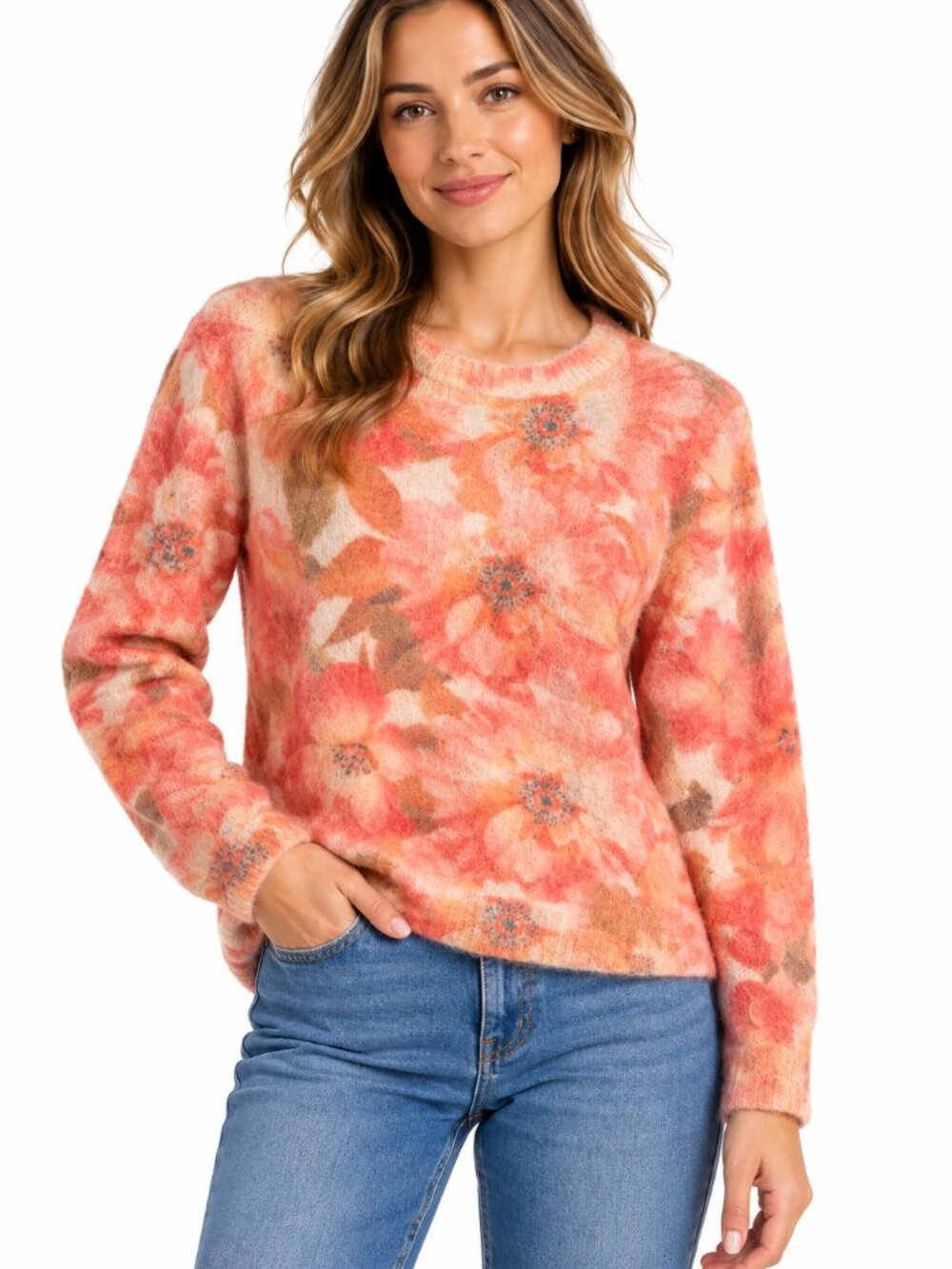 Betta Made in Italy Mohair Alpaca Floral Sweater Size 1X Orange Pink